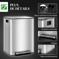 HOMCOM Poubelle de cuisine 2 compartiments de 2 x 30L, avec pédale, en acier inoxydable, couvercle à fermeture douce(m-7)