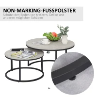 HOMCOM Couchtisch-Set, 2 runde Satztische, Industriedesign, Metallgestell, Betonoptik/Schwarz(m-7)