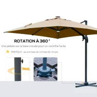 Outsunny Parasol déporté carré parasol LED inclinable pivotant 360° manivelle piètement acier dim. 3L x 3l x 2,74H m beige(m-6)