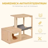 PawHut Katzenhaus mit Hängematte, Katzenkiste mit Sisalstamm, Katzenhöhle, Katzenbaum, Katzenaktivitätszentrum, Tannenholz, Natur, 70 x 35 x 60 cm(m-4)