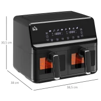 HOMCOM Heißluftfritteuse, 2 Frittierkörbe á 4 Liter, 8 Programme, Licht, Timer, 38,5 x 38 x 30,5 cm, Schwarz(m-3)