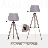 HOMCOM Tripod Floor Lamps for Living Room Bedroom, Modern Adjustable Standing Lamp with Wood Legs, Drum Fabric Shade, 99-143cm, Grey(m-4)