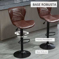 HOMCOM Juego de 2 Taburetes de Bar Tapizado en Cuero Sintético Taburetes Altos de Comedor Regulable en Altura Giratorio con Respaldo y Reposapiés 46,5x54x88-108 cm Marrón(m-6)
