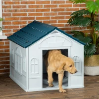 PawHut Plastic Weather-Resistant Dog House, for Indoors and Outdoors, Large Dogs - White and Blue(m-2)
