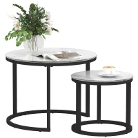 HOMCOM Glass Coffee Table Set of 2, Round Nest of Tables with Marble-Effect Tempered Glass Tabletop and Steel Frame, Modern Side Tables for Living Room, White(m-11)