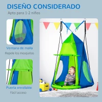 Outsunny Columpio con Tienda Infantil Columpio Nido con Puerta Enrollable y 2 Ventanas de Malla para Niños y Adultos Carga Max. 200 kg Interior y Exterior Ø100x180 cm Verde y Azul(m-6)