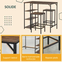 HOMCOM Ensemble Table de Bar 3 étagères 2 tabourets Style Industriel métal Noir Aspect Vieux Bois veinage(m-5)