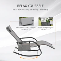 Outsunny 2PCs Outdoor Garden Rocking Chair, Patio Sun Lounger Rocker Chair with Breathable Mesh Fabric, Removable Headrest Pillow, Armrest, Side Storage Bag, Grey(m-6)