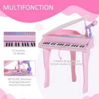 HOMCOM Piano à Queue électronique 37 Touches Multifonctions avec Micro Haut Parleur, tabouret, lumière LED, fonction d'enregistrement et de relecture, instrument de musique enfant 3 à 6 ans Rose(m-5)