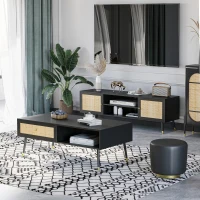 HOMCOM TV-Bank im Boho-Design, TV-Schrank, Rattanelemente, 1 Regalboden, 2 Schränke, Schwarz + Natur(m-2)