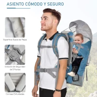 HOMCOM Mochila Portabebés Plegable Ajustable Portador de Bebé Ergonómica Manos Libres 6-36 Meses con Protector de Lluvia y Sol Carga 18 kg Gris y Azul(m-6)