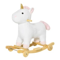 HOMCOM Cheval à bascule enfant en bois avec roues utilisation 2 en 1 pour petits enfants effet sonore 63 x 38 x 63 cm blanc(m-11)
