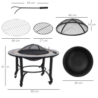 Outsunny 3-in-1 Outdoor Fire Pit on Wheels, Mosaic Garden Table, Patio Heater with Cooking BBQ Grill, Firepit Bowl with Screen Cover, Fire Poker for Backyard Bonfire(m-3)