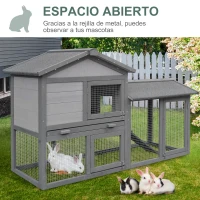 PawHut Conejera de Madera de Exterior Jaula para Conejos con Bandeja Extraíble y Rampa Antideslizante 147x54x84 cm Gris(m-4)