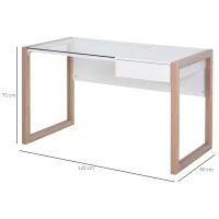 HOMCOM Bureau Informatique Table de Travail Ordinateur avec Grand Plateau en Verre Trempé et Tiroir Intégré Idéal pour Bureau Chambre 120 x 60 x 75 cm Blanc et Bois(m-3)