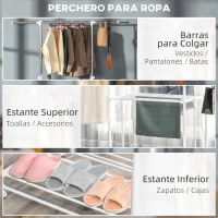 HOMCOM Perchero Plegable para Ropa con Ruedas Barras para Colgar Extensibles Altura Ajustable y 2 Estantes Tendedero de Ropa Tipo Torre 88-157x50x95-160 cm Blanco(m-4)