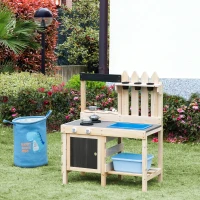 Outsunny Matschküche Outdoor Sandspieleset aus Holz Gartenküche Spieltisch Sand mit Pflanztöpfe Edelstahl Zubehör Spielzeugset Spielzeugküche für 3-7 Jahre 81,5 x 46 x 102,5 cm(m-2)
