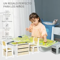 HOMCOM Juego de Mesa y Sillas Infantil de Madera 3 en 1 con 5 Cajones Tejidos de Almacenaje Mesa de Actividades para Bloques de Construcción y con Mapa de Ruta Color Natural(m-6)