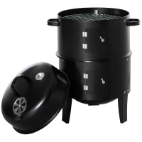 Outsunny 3-in-1 Smoker, Charcoal Barbecue Grill, Fire Pit, Portable BBQ with Thermometer for Garden Camping Outdoor Cooking(m-11)