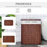 HOMCOM Cesto per Biancheria Bambù da 100L con 2 Scomparti, Coperchio e Maniglie, 52x32x63cm(m-5)