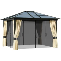 Outsunny Pavillon de jardin tonnelle rigide 4 x 3 m 4 parois latérales anti-UV beige 4 moustiquaires zippées éclairage LED solaire alu polycarbonate noir marron(m-9)