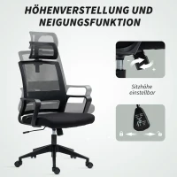 HOMCOM Bürostuhl, Verstellbarer Schreibtischstuhl mit Kopfstütze, Drehstuhl für Homeoffice, Büro, Schwarz(m-6)
