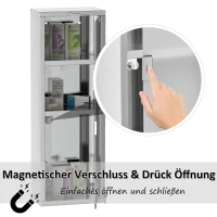 kleankin Medizinschrank aus Edelstahl und gehärtete Glastür Arzneischrank zur Medikamenten-Aufbewahrung, Abschließbar Medikamentenschrank mit 3 Fächern, Erste Hilfe Schrank, 20 x 12 x 58 cm, Silber(m-5)