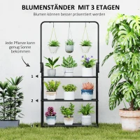 Outsunny Blumenregal, 3-stufiges Pflanzenregal mit Hängehaken, Metallregal für Blumentöpfe, Indoor- und Outdoor-tauglich, Schwarz(m-4)