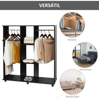 HOMCOM Armario Abierto con Ruedas 2 Barras y Estantes para tener Ropa Colgada y Doblada en el Dormitorio 120x40x128 cm Negro(m-5)