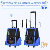 PawHut Trasportino Zaino 2 in 1 per Cani e Gatti con Tasche Laterali, Maniglia Telescopica e Ruote, 42x25x55cm, Azzurro(m-5)