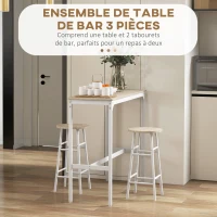 HOMCOM Ensemble table haute de bar + 2 tabourets structure en acier plateau aspect bois naturel 2 personnes blanc(m-4)