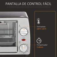 HOMCOM Horno Eléctrico Sobremesa 10 Litros 750W Horno Eléctrico Pequeño con Temperatura hasta 230 ℃ Temporizador 60 Minutos Bandeja y Rejilla 36,5x26x22 cm Plata(m-4)