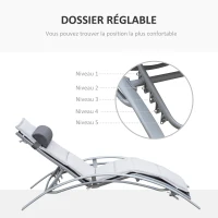 Outsunny Bain de Soleil transat de jardin chaise longue Design Contemporain inclinable Multi-Positions avec Matelas et tétière dim. 170L x 64l x 82H cm alu textilène Gris(m-4)