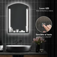 kleankin Espejo de Baño con Luces LED 70x50 cm Interruptor Táctil Iluminación Regulable y Estante de Vidrio Plata(m-5)