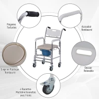 HOMCOM Chaise percée à roulettes - fauteuil roulant percé - chaise de douche - seau amovible, accoudoirs, repose-pied - acier chromé HDPE blanc(m-4)