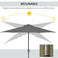Outsunny Parasol de Terraza Ø268x238 cm con 24 Luces LED Solar Mecanismo de Inclinación Manivela y Poste Desmontable Gris(m-5)