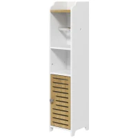 kleankin Portarrollos de Baño Moderno Armario de Baño con Estantes 1 Puerta y Portarrollos de Papel 18x20x90 cm Blanco y Roble(m-11)