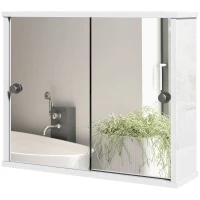 kleankin Armario con Espejo de Pared con Estante Ajustable y Puerta Corredera Doble para Lavabo 55x15x45 cm Blanco Brillante(m-9)
