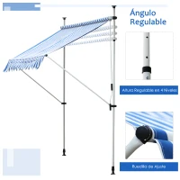 Outsunny Toldo Manual Retráctil para Exterior 197x250x200/300cm Toldo Enrollable con Altura Ajustable y Manivela Color Azul y Blanco(m-6)