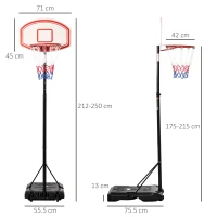 HOMCOM Canestro Basket Altezza Regolabile 5 Livelli 175-215cm, Struttura Metallo e Base Riempibile con Ruote, Tabellone PE(m-3)