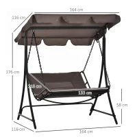 Outsunny Schwingliege Hollywoodschaukel Gartenliege mit Dach für 2 Personen Stahl Grau 164 x 116 x 176cm(m-3)