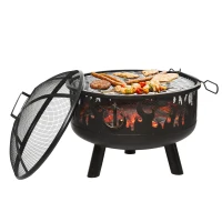 Outsunny 2-in-1 Feuerschale Feuerkorb Feuerstelle mit Funkenschutz Grillrost Garten BBQ Schwarz Ø61,5 x 52H cm(m-10)