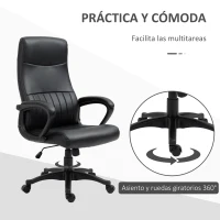 Vinsetto Silla de Oficina Ergonómica Silla de Escritorio Basculante y Giratoria 360° con Altura Ajustable Respaldo Alto y Reposabrazos Piel Sintética 61,5x66x113-123 cm Negro(m-6)