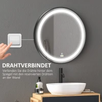 kleankin Badezimmerspiegel, LED-Beleuchtung, dimmbar, 3 Lichtfarben, Metallrahmen, Ø60 cm, Schwarz(m-7)