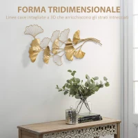 HOMCOM Decorazione Murale 3D in Metallo, Wall Art Dorata con Foglie di Ginkgo 138x70cm(m-4)