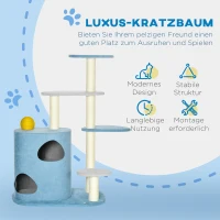 PawHut Kratzbaum mit Kratztonne inkl. Kratzball für Katzen, 87 cm x 60 cm x 122 cm, Blau + Grau + Gelb(m-4)