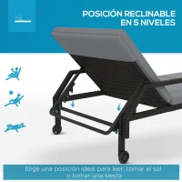Outsunny Tumbona de Ratán Sintético con Respaldo Ajustable en 5 Posiciones Cojín y Ruedas  73x200x48 cm Gris Claro y Negro(m-4)