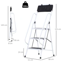 HOMCOM Escalera Plegable de 3 Peldaños Escalera de Tijera con Apoyabrazos y Portaherramientas 51x66x131 cm Blanco y Negro(m-3)