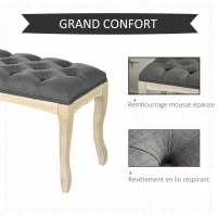 HOMCOM Banc Banquette capitonnée Style Classique 110 cm Bout de lit Rembourrée en lin piètement Bois hévéa sculpté Lin Gris(m-4)