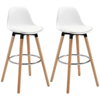 HOMCOM Lot de 2 tabourets de bar, chaises de bar en PU avec dossier et repose-pieds, assise rembourrée 69 cm, pieds en bois, style moderne, tabourets hauts pour cuisine, salle à manger, salon, blanc(m-10)